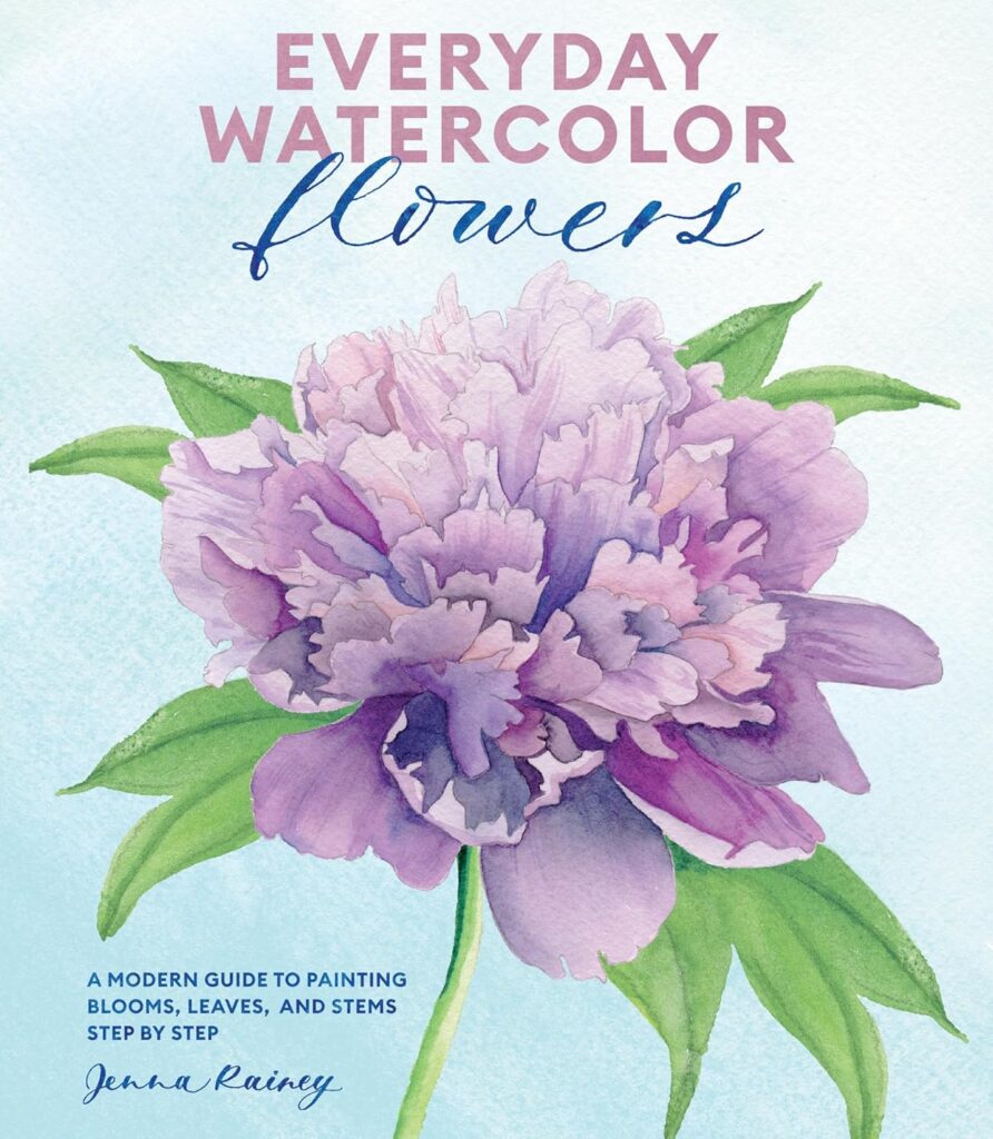 Book cover of Everyday Watercolor Flowers by Jenna Rainey, showcasing a purple peony watercolor with step-by-step guidance for painting blooms and leaves.