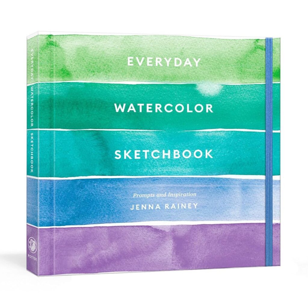 Cover of Everyday Watercolor Sketchbook by Jenna Rainey, with colorful watercolor stripes and prompts for creativity, designed for daily painting practice.