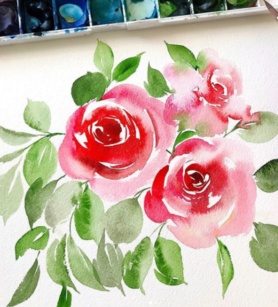 Delicate watercolor illustration of pink roses with soft gradients and leafy green stems. The petals bleed gently into the paper, creating a light, airy composition that highlights fluid brushwork and natural color transitions.