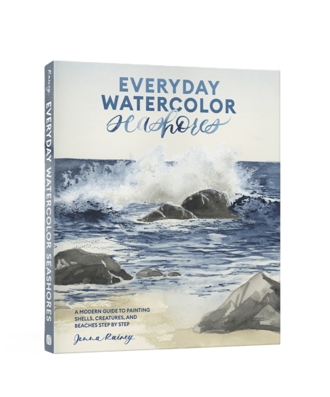 Cover of “Everyday Watercolor Seashores” by Jenna Rainey, showing a watercolor painting of waves crashing against coastal rocks in deep blues and grays. The design evokes movement and texture, reflecting the book’s focus on painting shells, sea life, and beaches.