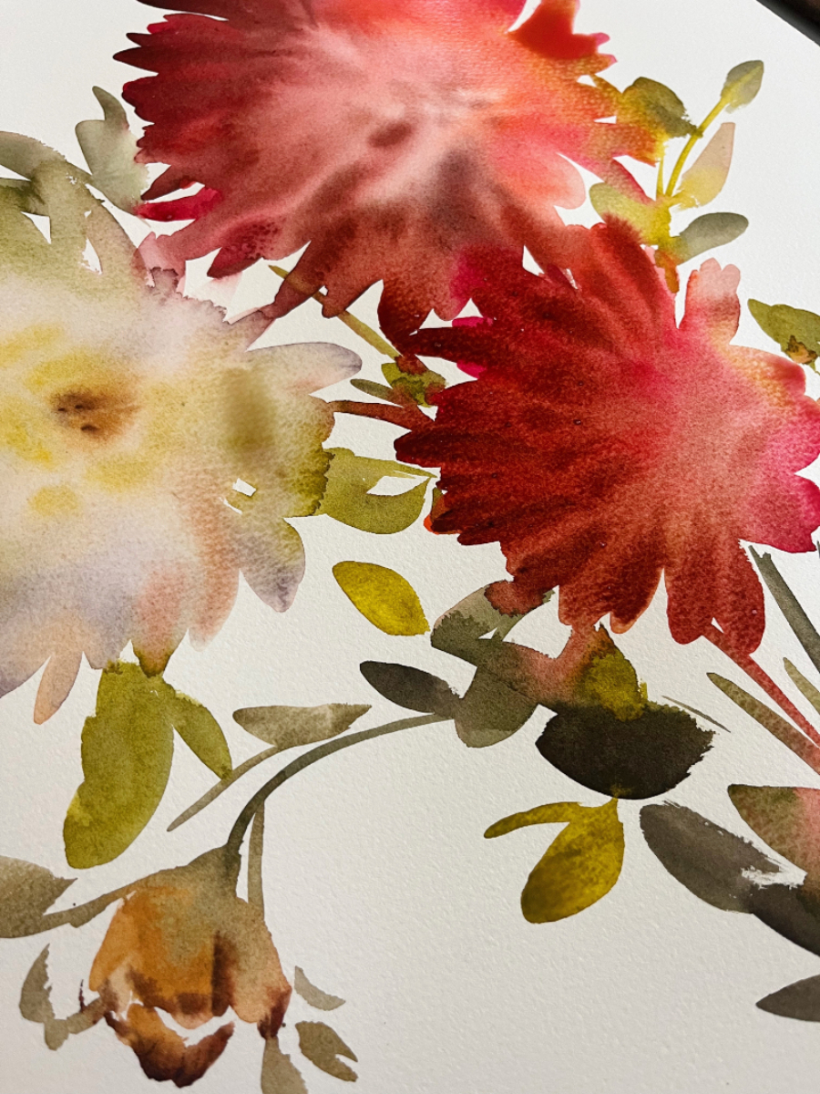 Loose watercolor floral painting with bold red and soft yellow blooms blending into delicate greens. The contrast in color and detail draws the eye to the central flowers, beautifully demonstrating how to create a focal point in art through value and saturation.