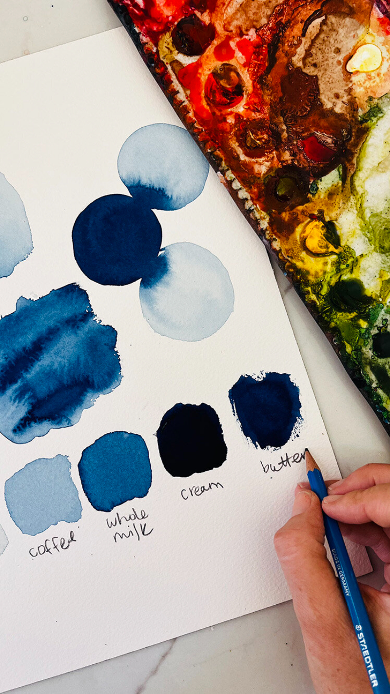 A close‑up of a watercolor study showing blue paint swatches labeled “coffee,” “whole milk,” “cream,” and “butter.” The artist experiments with tonal variation and blending—an essential part of mastering watercolor sky techniques for depth and softness.