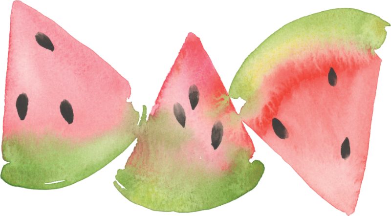 Three watercolor watermelon slices with vibrant pink and green washes inspired by summer painting prompts.