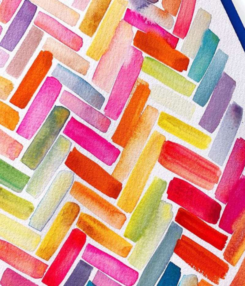 Colorful practice sheet showing flat, graded, and blended watercolor washes in a variety of bright watercolor hues.